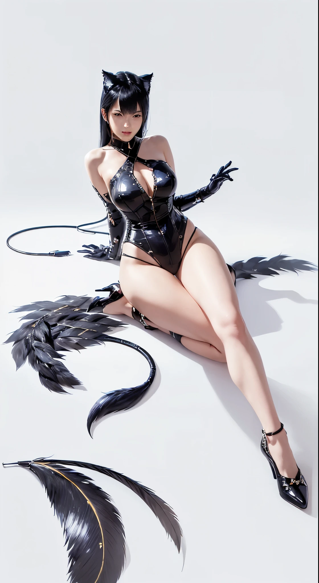 wear黑色皮夹克, Has attractive curves, 戴着cat woman面具., cat woman, (best quality, 4K, 8K, high resolution, masterpiece:1.2), Black leather set, High heel, Super detailed, (actual, realistically, realistically:1.37), cat woman, Conceptual artist style, (realistically:1.2), (endless reality), (masterpiece:1.2), (best quality), (Ultra-detailed), (8K, 4K, complicated), wear, wearing gloves,,Has the body and head of a wolf,But the feathers and tail are those of a crow, Shown in (Cold pressed 300² cottShown in ), Dynamic, The content very detailed, artstatiShown in, cShown incept art, Smooth, sharp focus, illustratiShown in, Works by John William Waterhouse, details by Carl LarssShown in, detailed cavern background, 60-30-10 Color Rules, warm tShown ines, light, studio lighting, White background, pastel colors
