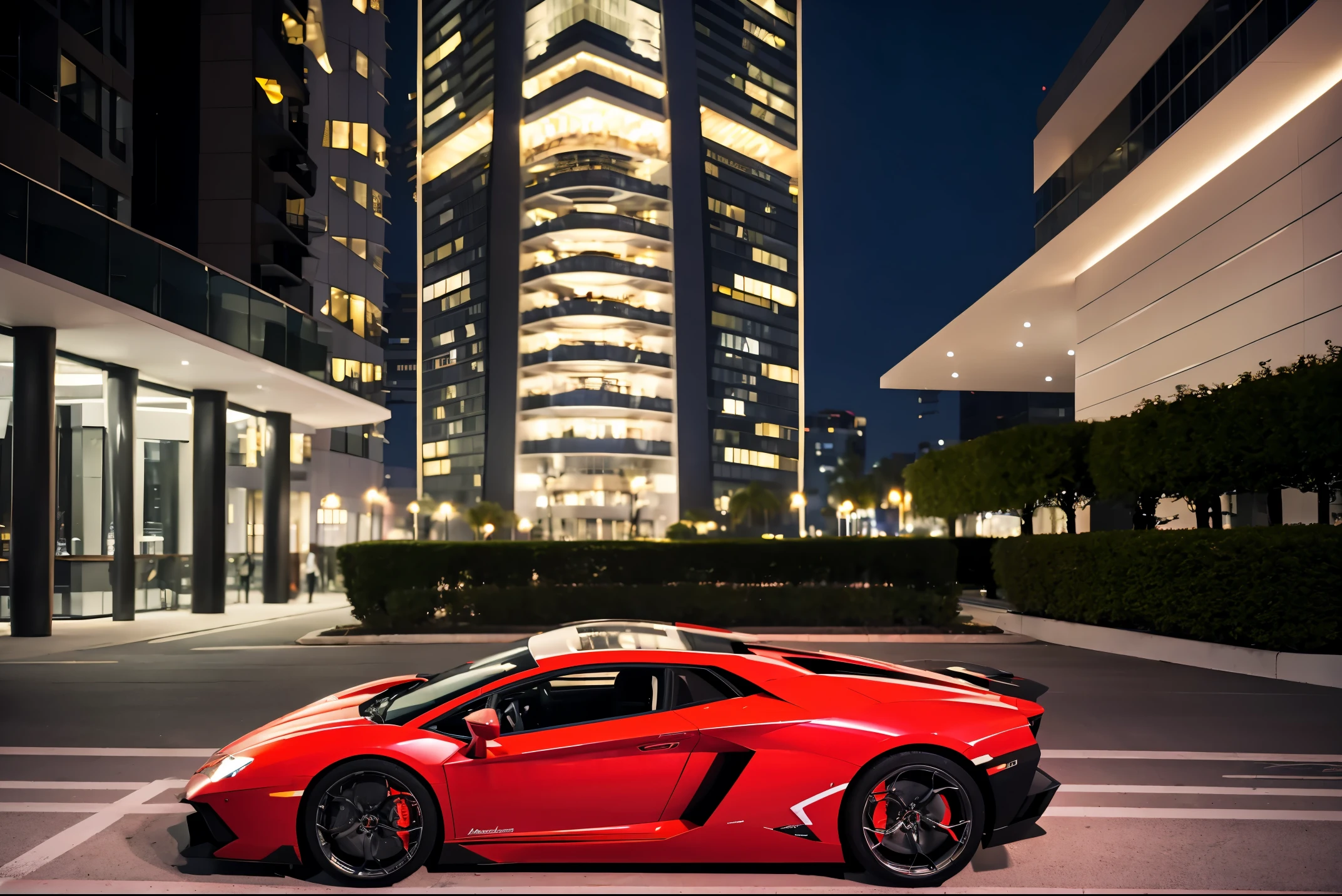 red lamborghini aventador　　Precision and high quality　Realistic three-dimensional feel　beautiful background　Parked on the street in front of the marble entrance of a luxury condominium.　beautiful lighting　beautiful street　stylish apartment　(shot from the side:1.3) beautiful night lights　city of temptation