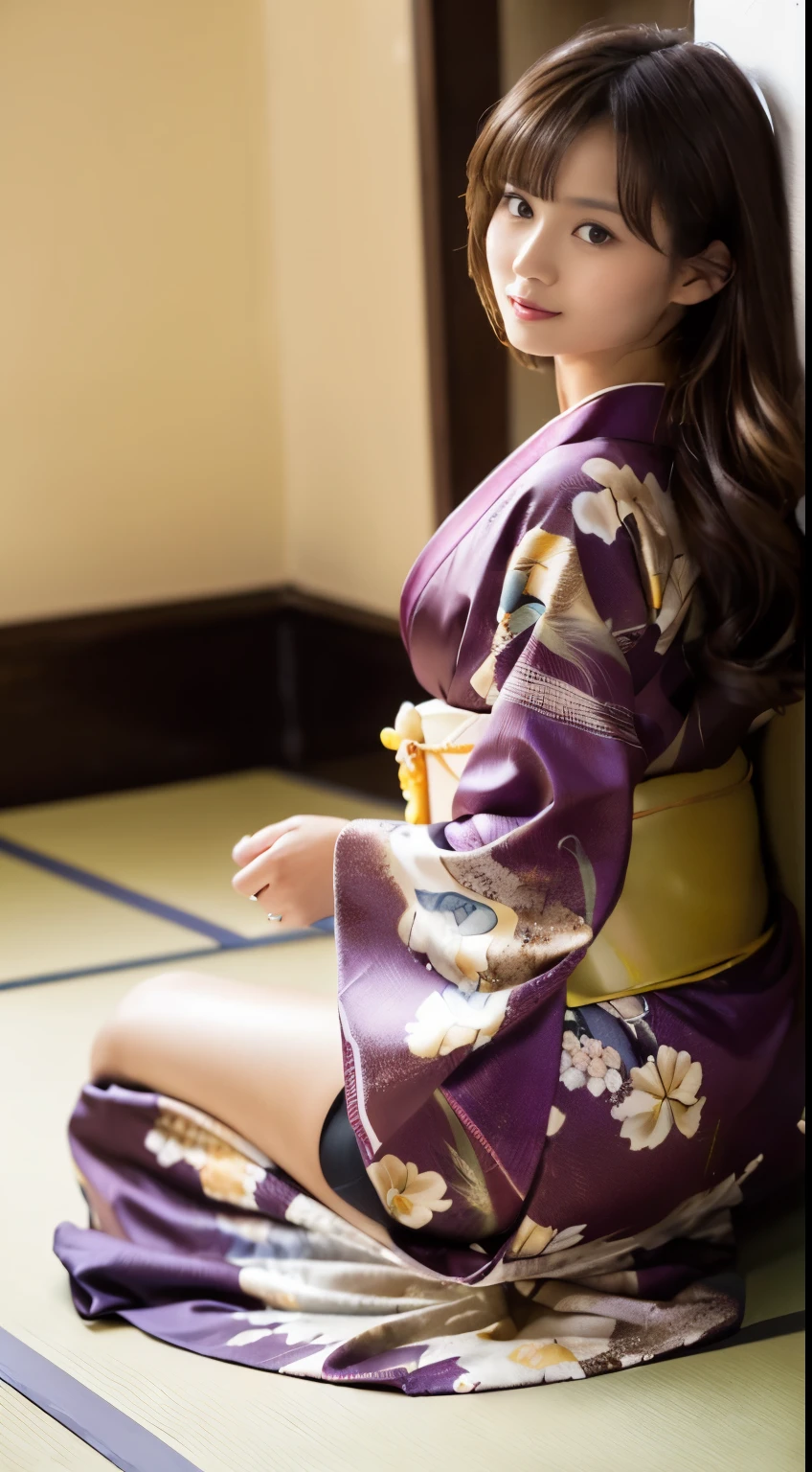 highest quality,ultra - detailed,T Masterpiece,hentai realism,photo rare,the lighting is bright,1 girl, Camera color temperature 3800k、very beautiful girl, (cute:1.1),thin smile, (brown eyes),(dark brown hair),(By bangs),perfect shiny shiny skin,perfect skin,((erotic,sexy and sexually explicit)),((accurate pointer,No discomfort)), (((kimono))),thin waist, look at viewer,((Roll up your kimono to show your butt)),((big butt)),(Crawl on all fours with your crotch open),(The fingers are5Book、腕と足は左右一Book)、Japanese-style room with a raised terrace、Black string bread
