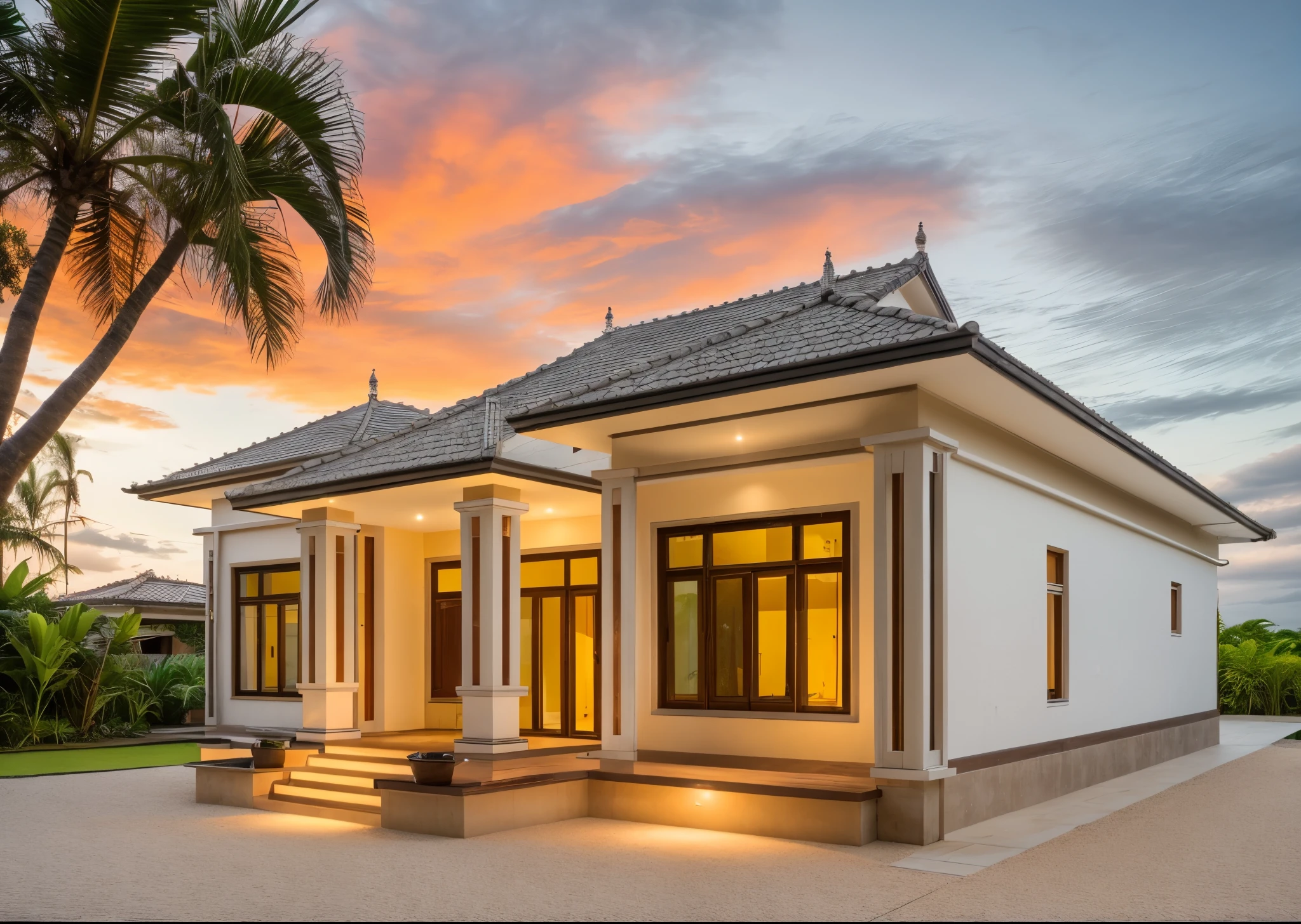 award winning photography of house in (tropical style), tropical landscape, gravel coutyard