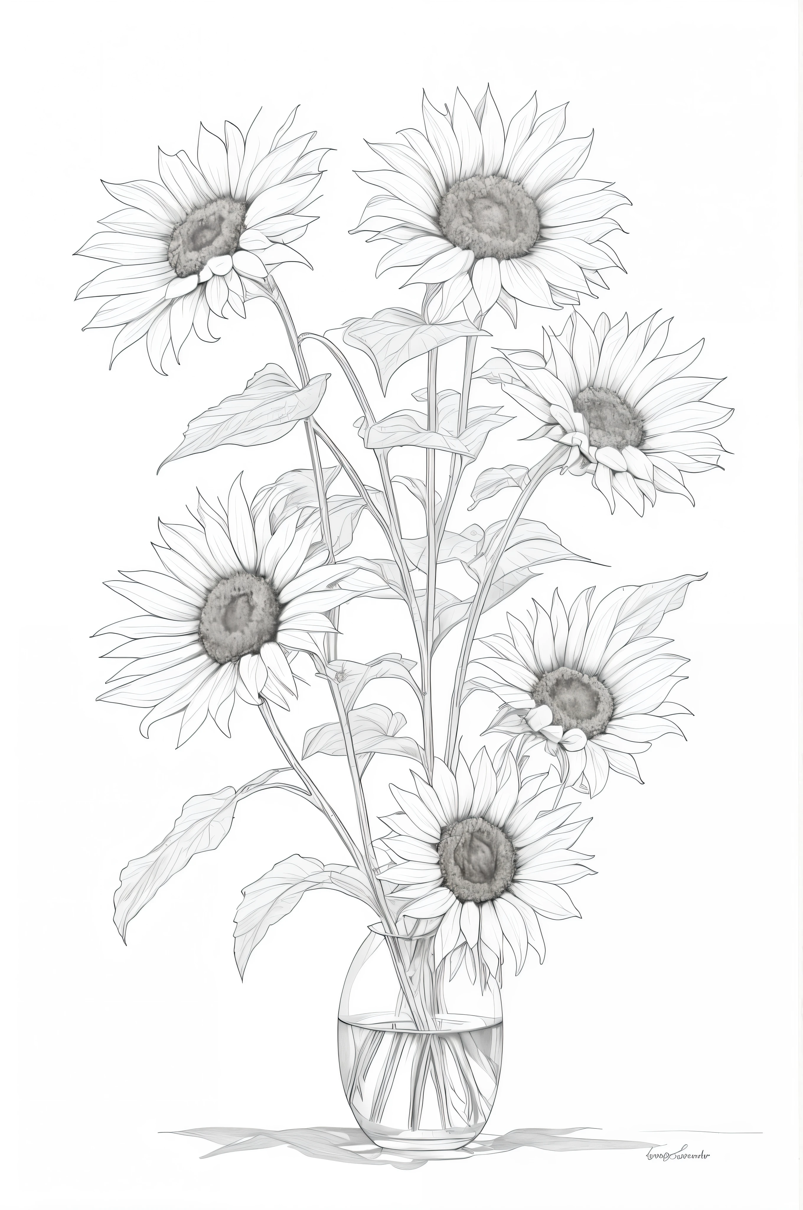 there a vase with sunflowers in it on a white background, line art, line - art, highly detailed sketch, drawn with photoshop, ambient occlusion:3, crystallic sunflowers, helianthus flowers, ambient occlusion, highly detailed illustration, fine line art, flowers with intricate detail, highly-detailed illustration, sunflowers, line drawing, heavy shading