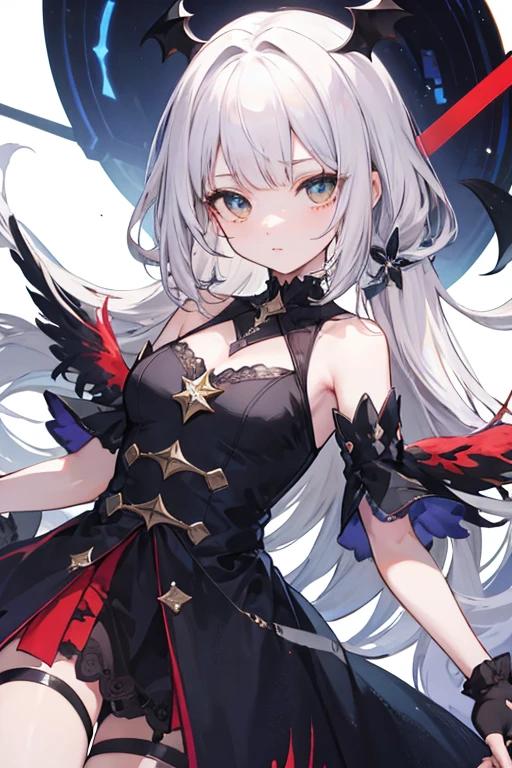 <lora:kedamamilk-000004:1>,black and white maid outfit, cute dress, dress with rustles, volume on dress,((((masterpiece)))), colorful hair, (long hair),(((adult))) Lolita, shiny skin, shiny hair, hair ornament, black ribbon, small flat chest,shoulders, visible through hair, hairs between eyes, cute, highlight hair, neck ring, solo, fantasy, Gradient hair, white hair, sea of sakura, leg, full body, one side up, see-through lens, apathy, red moon, city, black silk stockings, black light on back, black angel wings on back, black Feather, flying, gemstone necklace, (black metallic wings ), Feather, flying, (((metallic gear ))), (combats), Mecha, night, (metallic bodysuit), (iron wings), white hair, red eyes