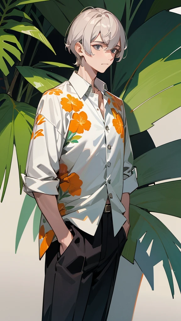 a man in a white shirt and black pants standing, with hawaiian shirt, dries van noten, elegant tropical prints, intriguing outfit, absolutely gorgeous, loosely cropped, supple look, inspired by Alexander Mann, graphic print, by Vadym Meller, by Silvia Pelissero, very , very appealing, look, by Alexander Mann, hawaiian shirt