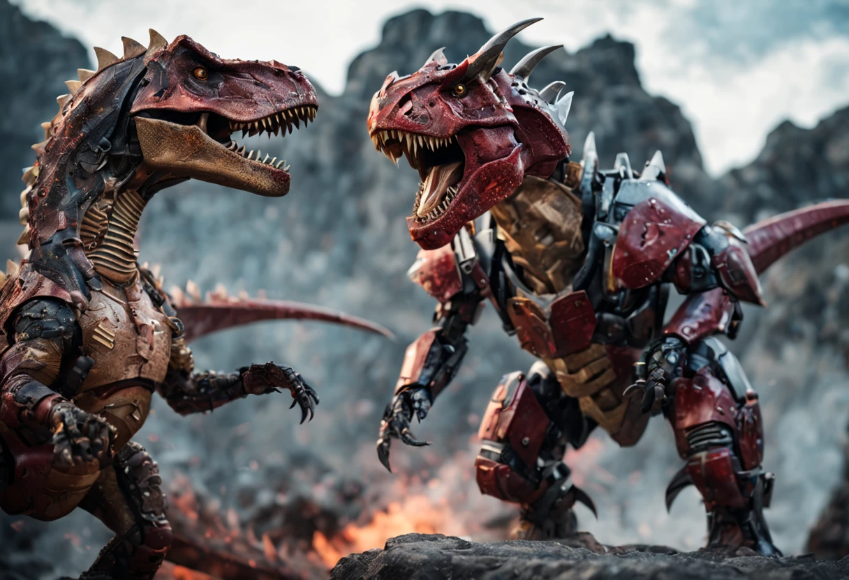 A hyperrealistic image of a Robotic T-Rex Fighting a Robotic Dragon, wearing damaged Battle armor after a battle, leather belt, standing on a big rock, blade at back, blood over face, battleground theme, out of focus background, Raytracing, Dynamic Angle, dark