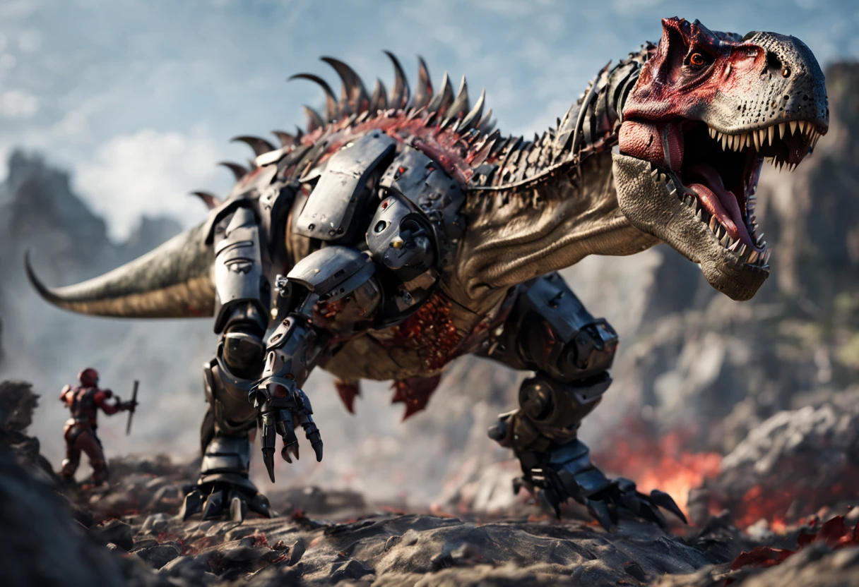 A hyperrealistic image of a Robotic T-Rex Fighting a Robotic Dragon, wearing damaged Battle armor after a battle, leather belt, standing on a big rock, blade at back, blood over face, battleground theme, out of focus background, Raytracing, Dynamic Angle, dark