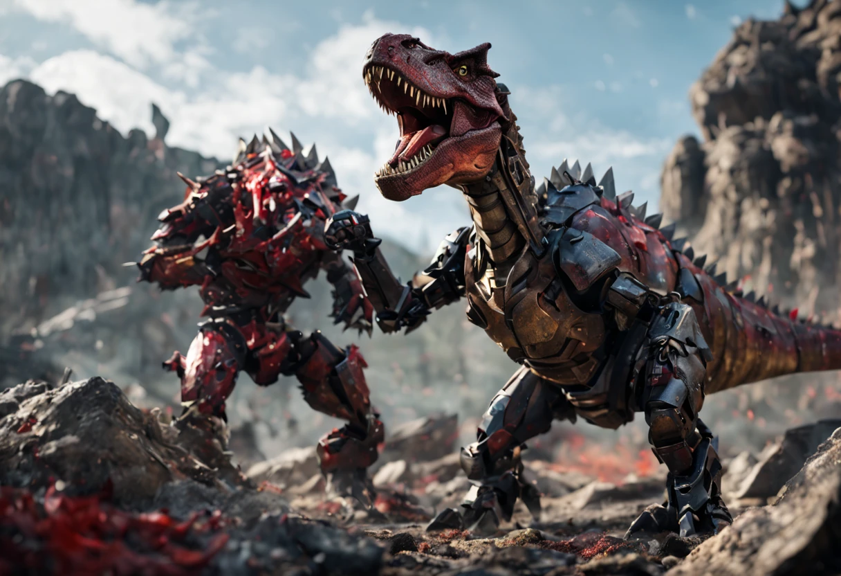A hyperrealistic image of a Robotic T-Rex Fighting a Robotic Dragon, wearing damaged Battle armor after a battle, leather belt, standing on a big rock, blade at back, blood over face, battleground theme, out of focus background, Raytracing, Dynamic Angle, dark
