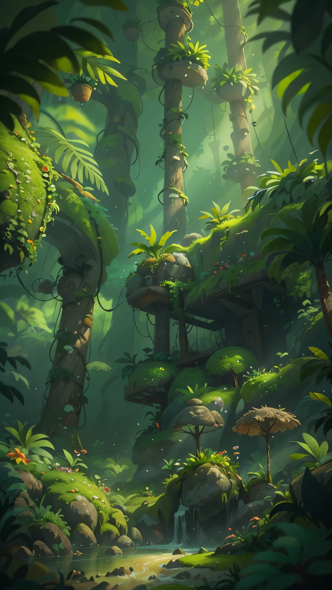 Tropical rainforest in the morning,Pixar cinematic style, best quality, movie stills,