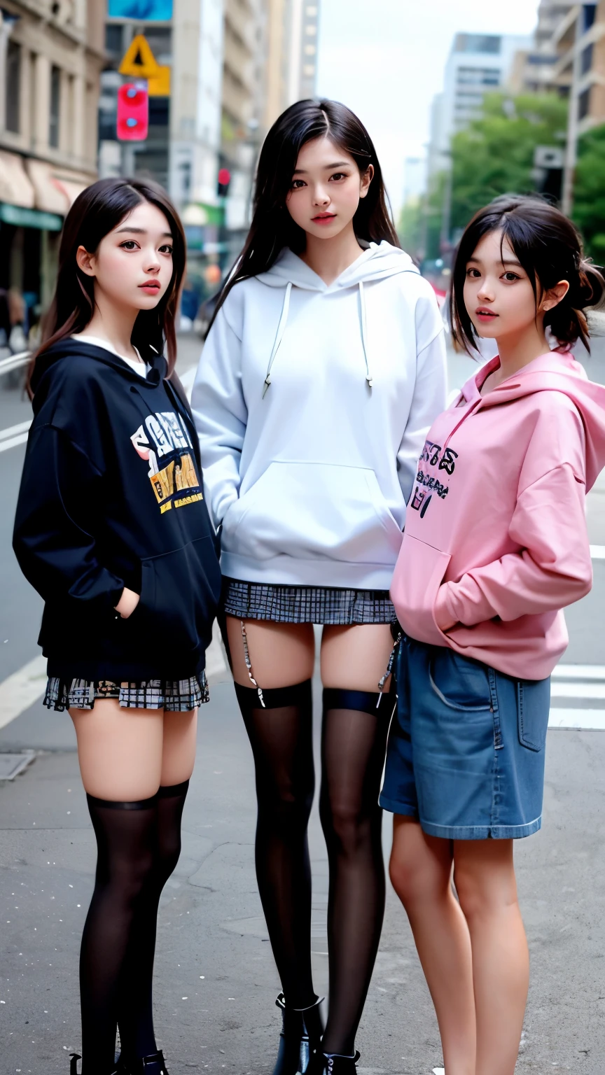 Supermodel、perfect details、hoodie、、Three girls stare at the screen 3 girls、、Thighhighs、beautiful feet、mini skirt