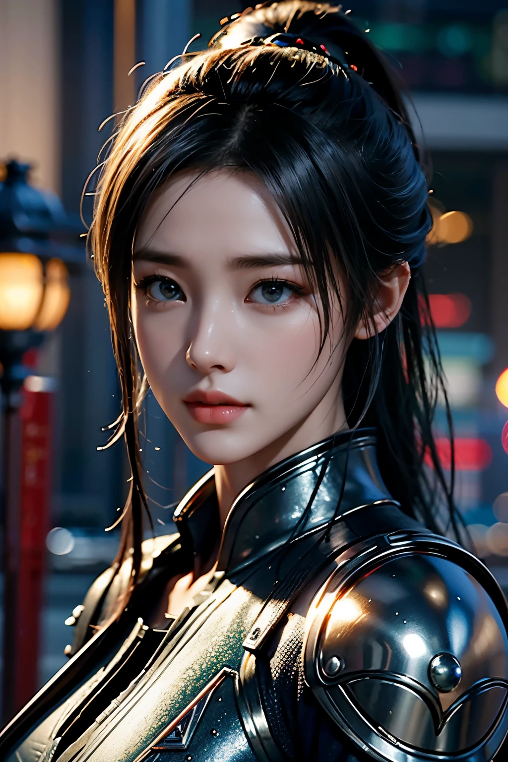 Game art，The best picture quality，Highest resolution，8K，((A bust photograph))，((Portrait))，(Rule of thirds)，Unreal Engine 5 rendering works， (The Girl of the Future)，(Female Warrior)，22岁少女，(Hair random)，(A beautiful eye full of detail)，(Big breasts)，(Eye shadow)，优雅迷人，微笑，(皱眉)，(Clothes full of futuristic sci-fi style，Sweater，A delicate pattern，Glittering jewels，Armor，White and red)，赛博朋克人物，未来风格， 拍照姿势，街道背景，Movie lights，Ray tracing，Game CG，((3D Unreal Engine))，oc渲染反射纹