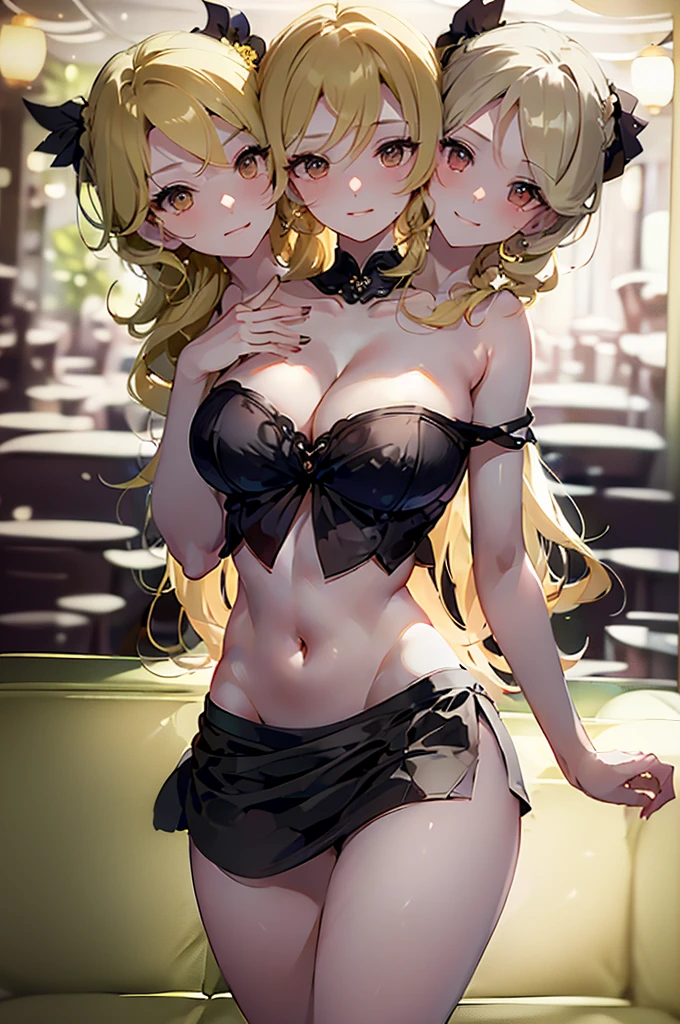 (masterpiece, best quality),best quality, (ultra-detailed), (3heads:1.4), 1girl, (kirasame marisa:1.3), masterpiece, best quality, black top, crop top, ((stomach)), midriff, ((groin)), black skirt, normal ears, shackles, blonde hair, very long hair, wavy hair, sidelocks, yellow eyes, parted lips, single horn, sweat, cute, toned belly, hand on own chest, eyelashes, (24 year old woman:1.3), (masterpiece:1.4), (best quality:1.4), (beautiful detailed, extremely detailed CG, extremely delicate and beautiful, depth of field, (finely detailed face), (perfect details:1.1), (mature female:1.3), wide pelvis, slender, large veiny breast, 8k resolution, high quality, high definition, extremely detailed, masterpiece, best quality, blonde hair, long hair, alluring presence, single braid, braid, short skirt, close up, big tits, young,  