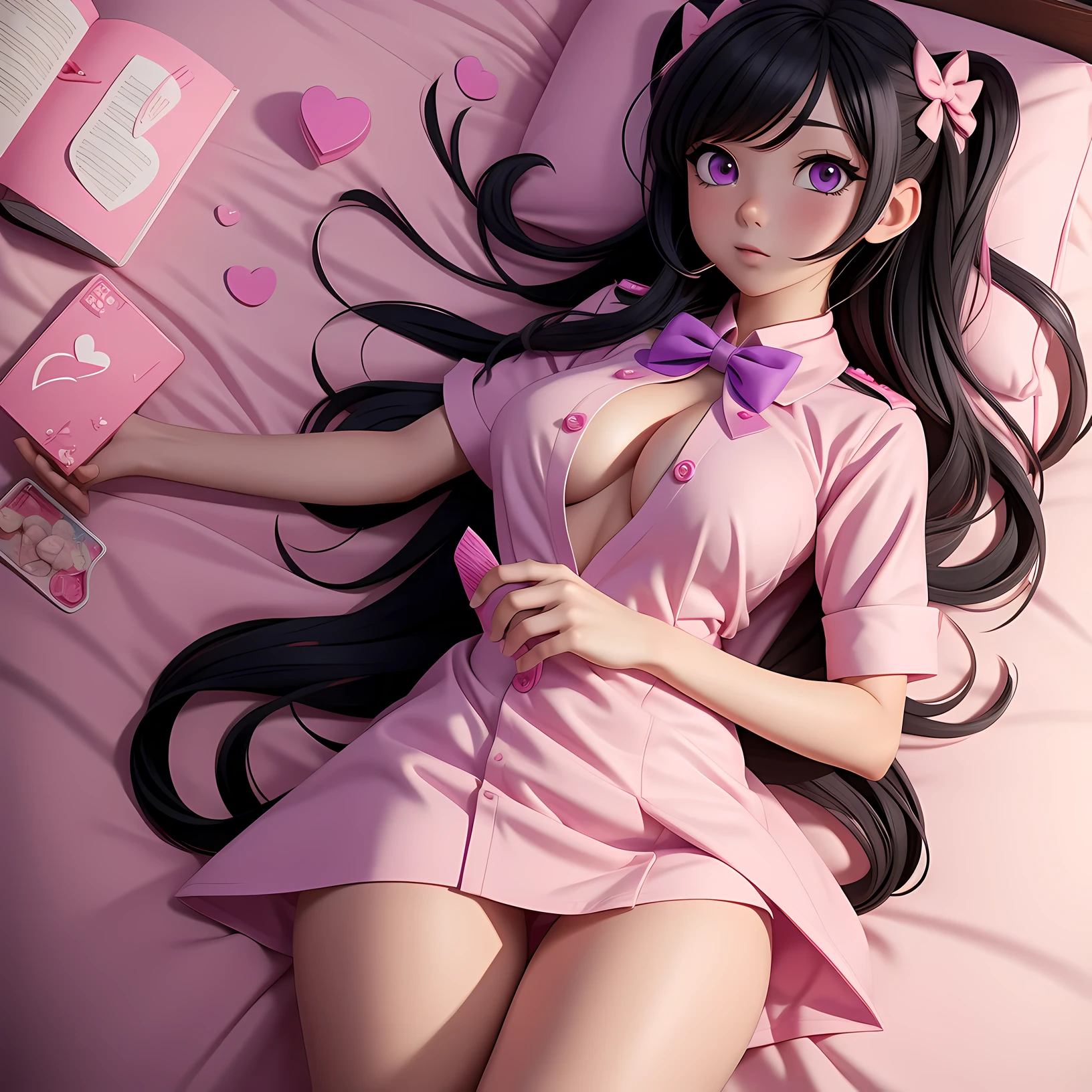 A book about an anime girl in uniform eating a big pink candy on the bed, 1 girl, chest, nipple, alone, long hair, condom, purple eyes, large chest, bow, heart, pupil in the shape of a symbol, heart-shaped pupils, bowtie, looking at the viewer, condom in mouth, chest out, one side up, cover, blush, black hair, open clothes