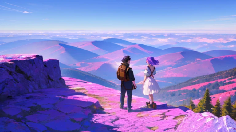 Two people a couple talking having a heated argument on top of a purple mountain