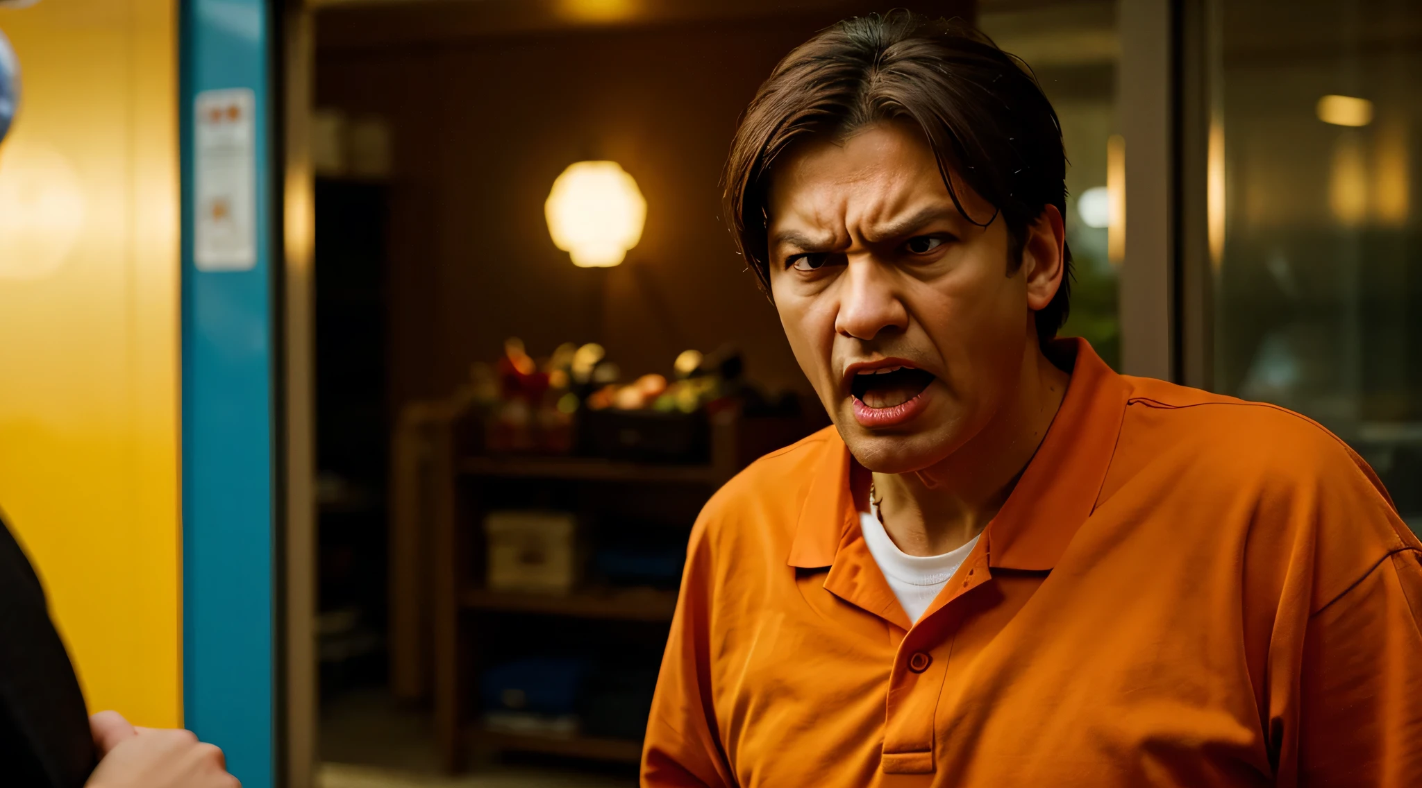 realistic man in orange clothing angry