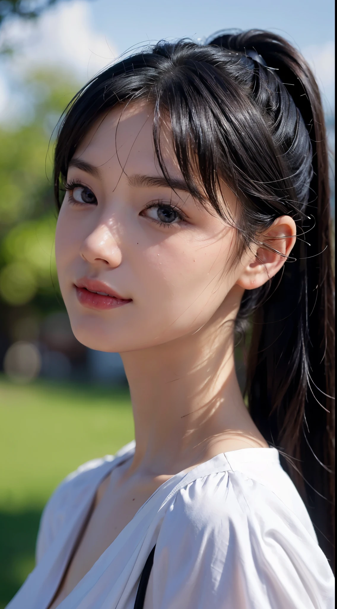 fully body photo,masutepiece, The highest image quality, High quality, the background is clear,Beautiful woman, Japanese, Detailed, Detailed eyes, Detailed skin, Beautiful skin, 超hight resolution, (reality: 1.4),Very beautiful woman, Slightly younger face, Beautiful skin, slender, (Ultra photo realsisim), (hight resolution), (8K), (Very detailed) (beautifully detailed eyes), (super detailed), (Detailed face), view the viewer, Fine details, Detailed face, Smiling, Staring straight ahead, Staring straight ahead, photos realistic, Bright lighting, Professional Lighting, Black hair, ,poneyTail,a ,sixteen yTail,wear a white ribbon,ロングのponeyTailの髪型,An amusement park,natta,Enjoying dating,Angle from waist up,