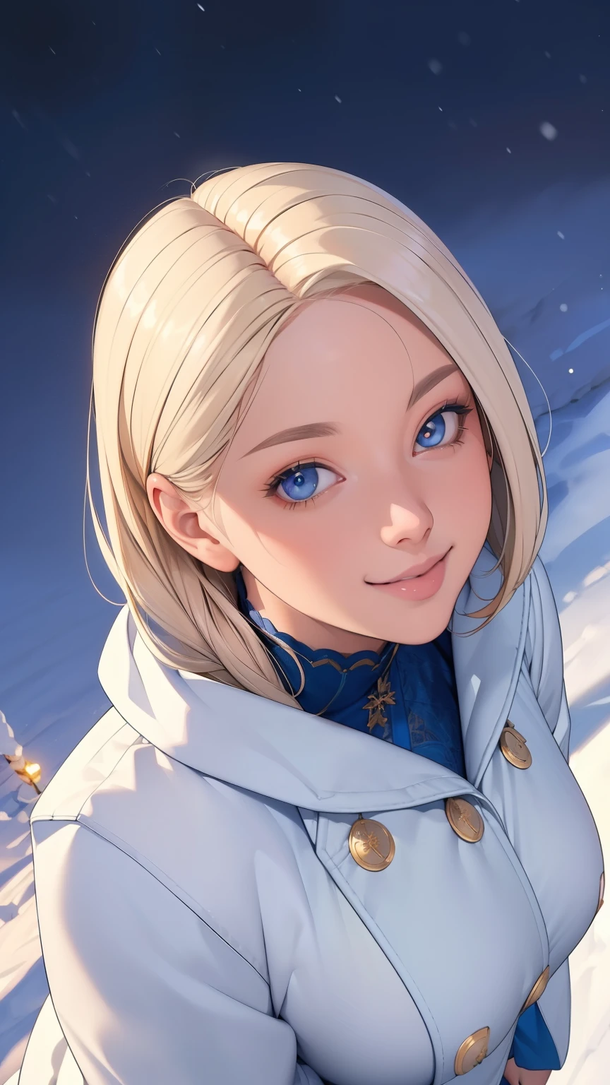 (masterpiece), (best quality), 1girl, (perfect face:1.2), (beautiful face:1.2), platinum blonde hair, (from above, upper body:1.3), happy, light smile, looking at viewer, pose,
winter coat, outdoors, winter, snow, night time, intricate, depth of field, cinematic lighting,