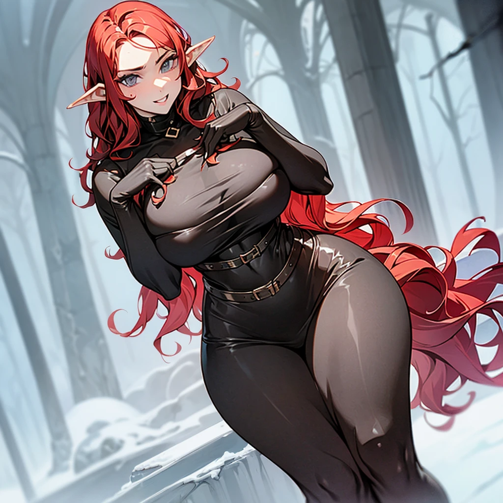 ((I want an alone elf woman milf, with wavy red hair and cold yellow eyes, curvy body, beauty dress, a cold expression))