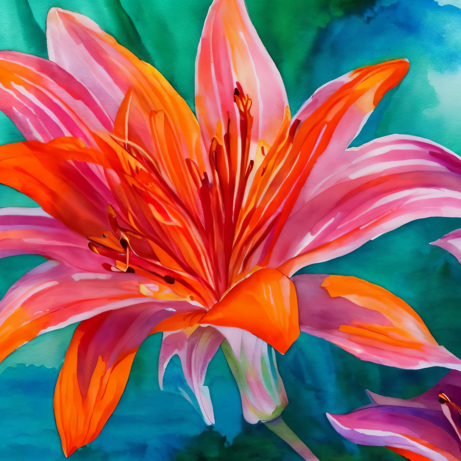 best quality, watercolor art, a painting of pink and orange lilies drawn by dripping water onto the paint and letting it bleed