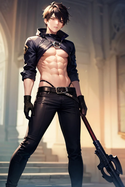 (masterpiece), best quality, seductive eyes, perfect face, handsome man, red eyes, short messy black hair, long nose, shirt-less, long black pants, black sneakers, full body, extremely tall man, long legs, long calves, anime cover, 1boy, ear piercings, adult-like look, standing, bad boy