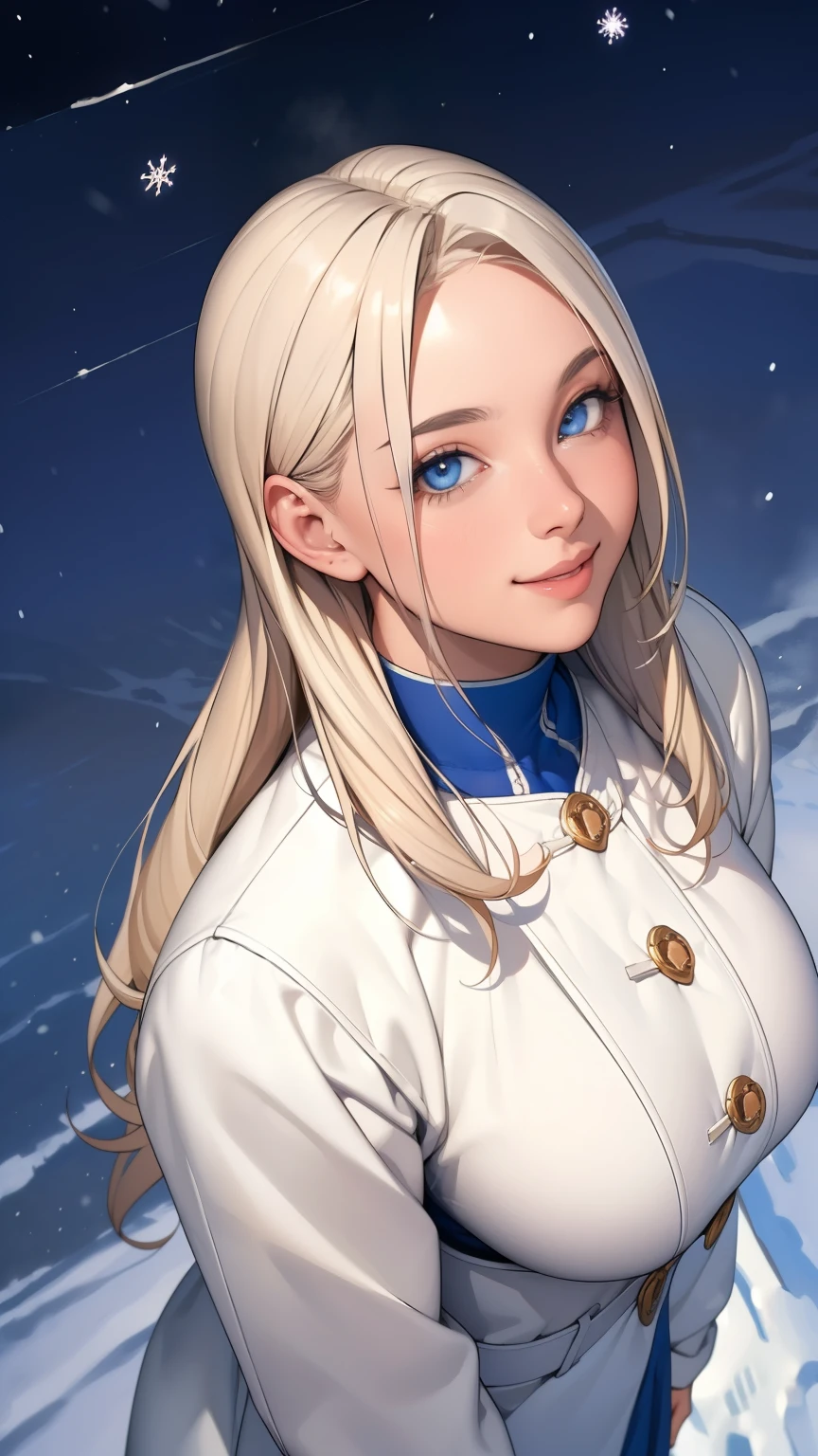 (masterpiece), (best quality), 1girl, (perfect face:1.2), (beautiful face:1.2), platinum blonde hair, (from above, upper body:1.3), happy, light smile, looking at viewer, pose, 
winter coat, outdoors, winter, snow, night time, intricate, depth of field, cinematic lighting,