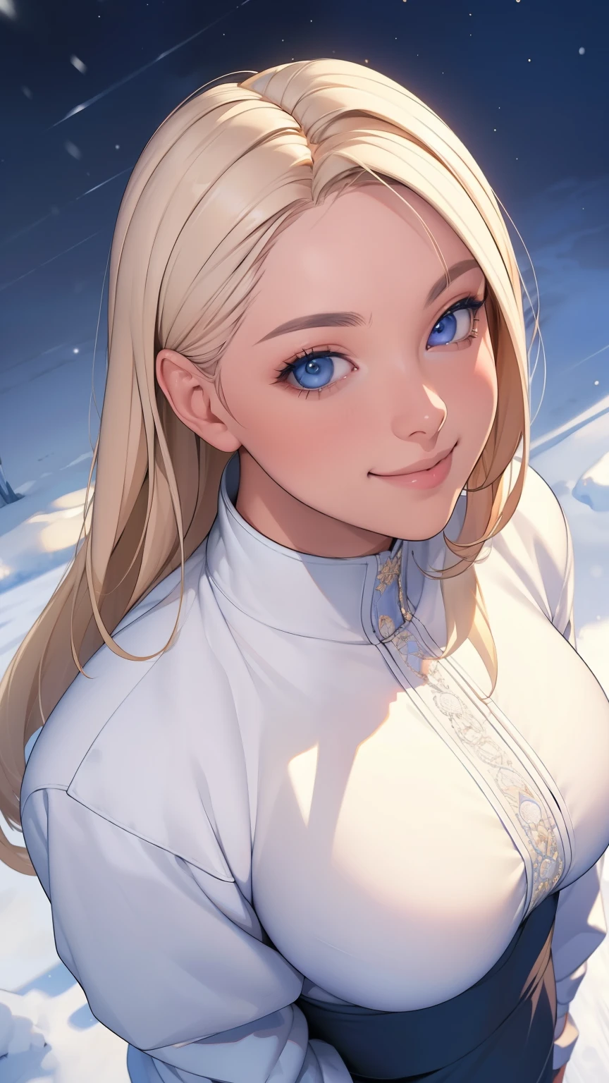(masterpiece), (best quality), 1girl, (perfect face:1.2), (beautiful face:1.2), platinum blonde hair, (from above, upper body:1.3), happy, light smile, looking at viewer, pose,
winter coat, outdoors, winter, snow, night time, intricate, depth of field, cinematic lighting,