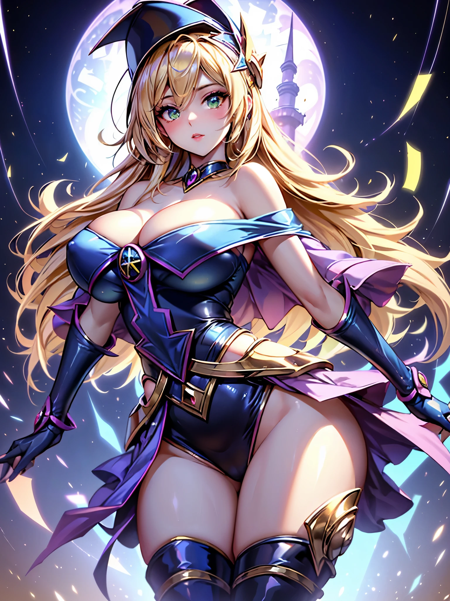 (Obra maestra:1.2), (La mejor calidad:1.2), Perfect lighting, Chica Maga Oscura lanzando un hechizo, flotando en el aire, tetas grandes, escote, desde arriba, Destellos de magia. Luces artificiales. Pose sejustiva y sexy