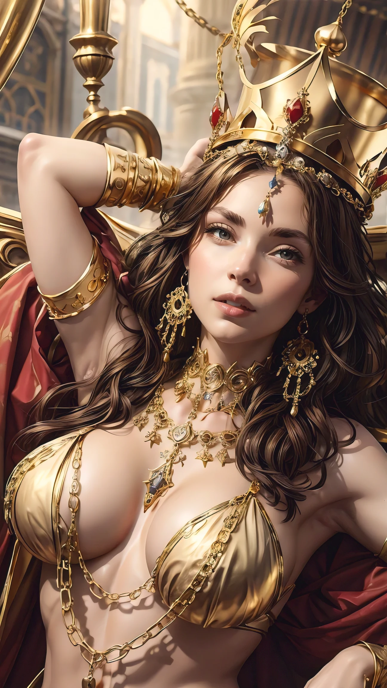 Pure chaos, volumetric, realistic, gold ornaments, chains, golden jewelry and big crown hat