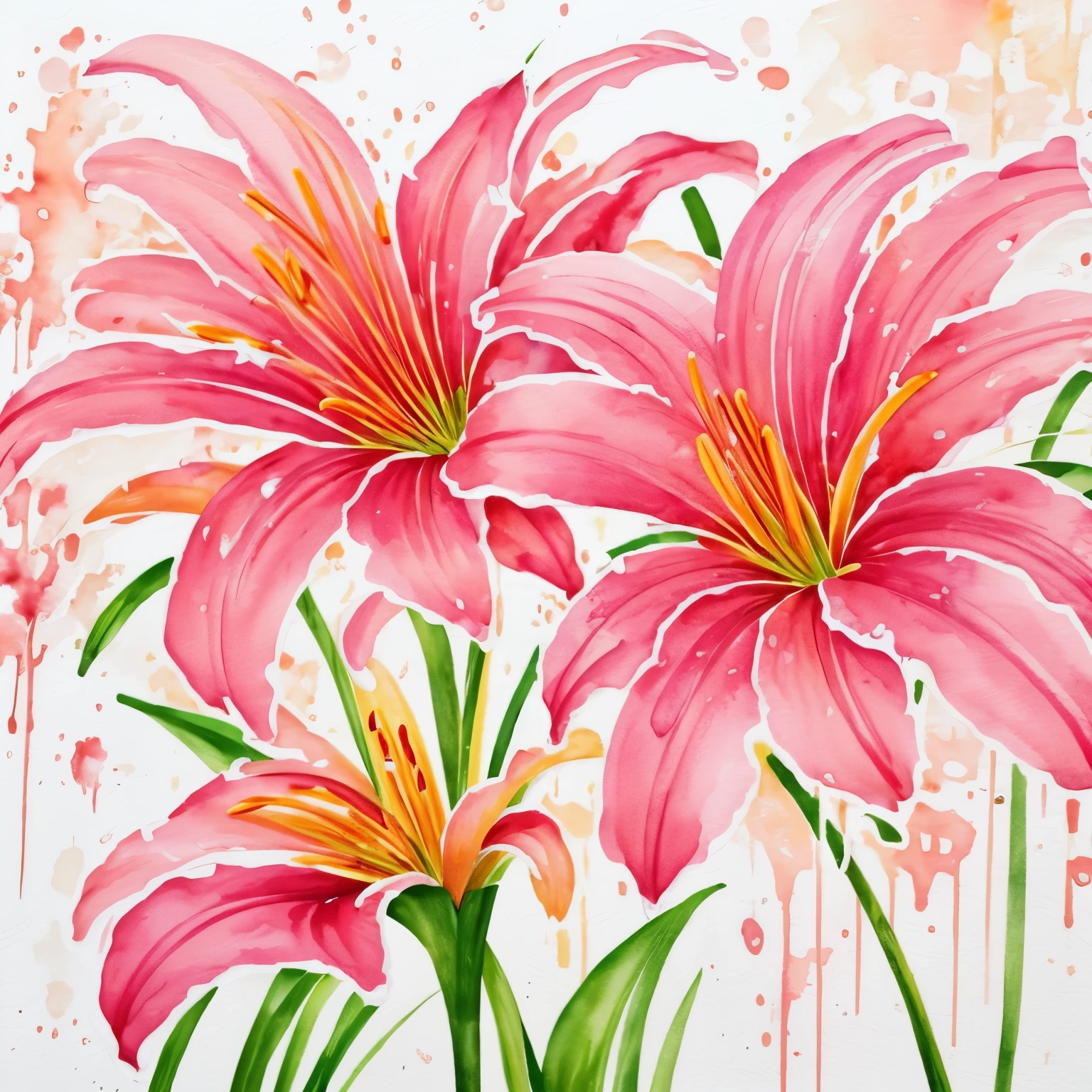 best quality, watercolor art, a painting of pink and orange lilies drawn by dripping water onto the paint and letting it bleed