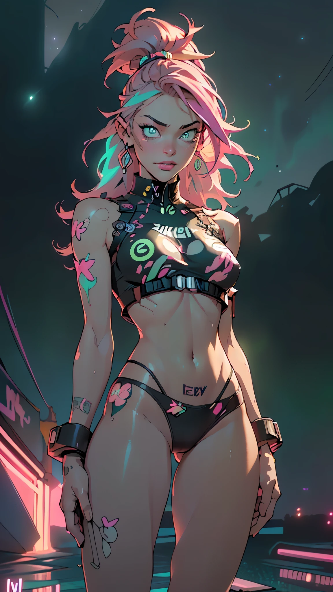girl rave,(((1girl))),((girl with extremely cute and beautiful pink hair)),((asian features)),
(large breasts:1.4),saggy breasts,(((neon pink hair:1.35,wild hair,long hair:1.4,colored inner hair,ear breathing))),(((neon_green_eyes:1.3))),intricate eyes,beautiful detailed eyes,symmetrical eyes,slanted eyes:15,((fat)),((((lustrous skin:1.5,bright skin: 1.5,shiny skin,very shiny skin,shiny body,plastic glitter skin,exaggerated shiny skin,illuminated skin, wet legs))),(spider lower abdomen,narrow waist,wide hip,athletic body,inflated legs, thick thighs,detailed body,(detailed face)),
cute,slutty,seductive,erotic,(((nsfw))),
zettai ryouiki,revealing clothing,show skin,((rave shirt with an neon colors print,rave mini-short,visible thong straps)),((underpants strap)),(rave outfit:1.3,rave clothes,semi-naked,with little clothing),((neon tattoos:1.3)),((wet clothes,intricate outfit,intricate clothes)),
(dynamic pose:1.0),solo focus,embarrassed,(centered,scale to fit dimensions,Rule of thirds),
cyberpunk city by the ocean at night, with bright neon signs and dark stormy clouds and puddles, scenery:1.25,nighttime, starry night, cosmos,Very dark night that makes the neon lights stand out, very bright neon lights,
artistic photography,(photography taken by sldr),highres, sharp focus,(ultra detailed, extremely detailed), (photorealistic artwork:1.37),(extremely detailed CG unity 8k wallpaper),((synthwave background theme)),(((vibrant colors))),intricate,(intricate background),(masterpiece),(best quality),perfect rendered face,perfect face details,realistic face,photo realistic,analog style,((intricate detail)),(((realism))),