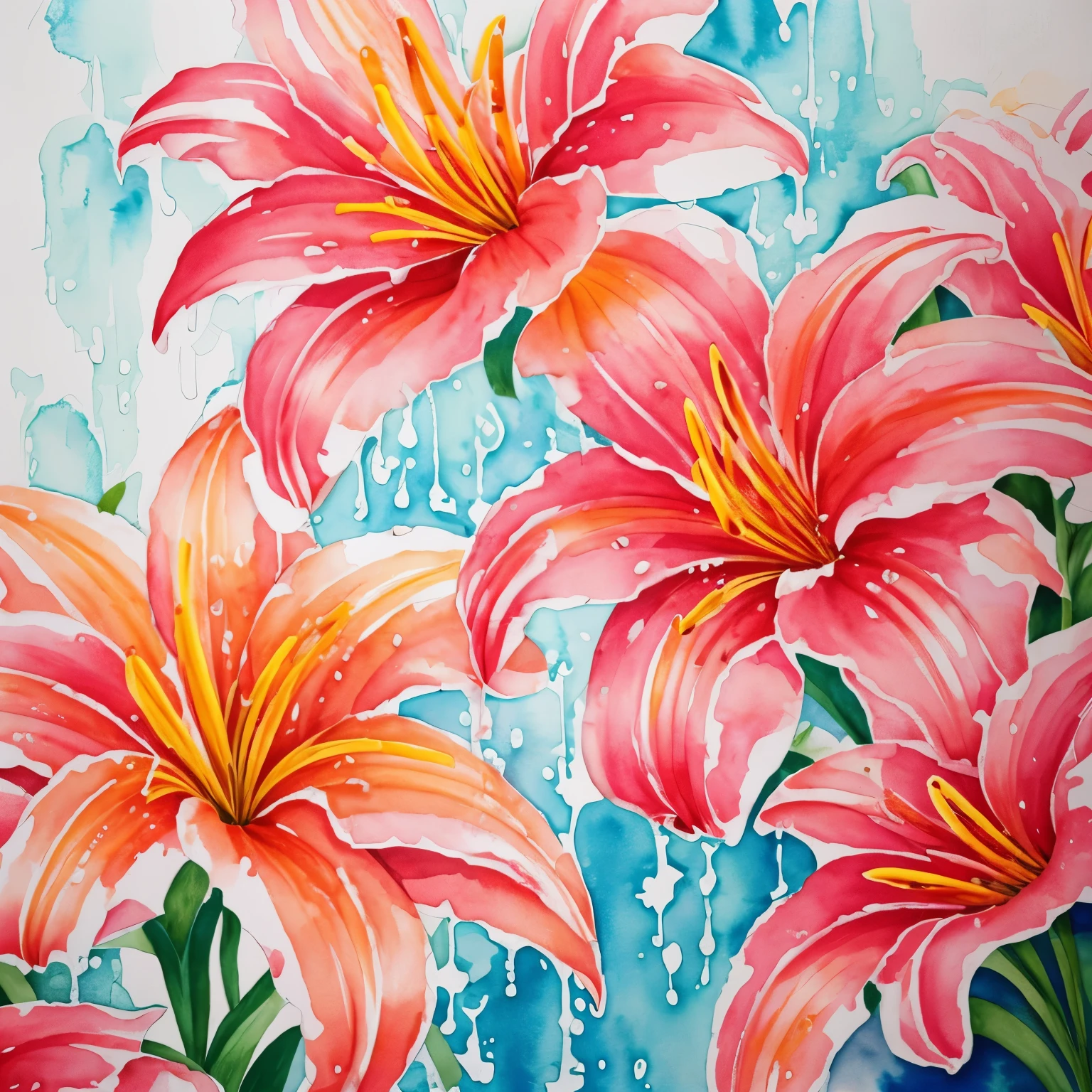 best quality, watercolor art, a painting of pink and orange lilies drawn by dripping water onto the paint and letting it bleed