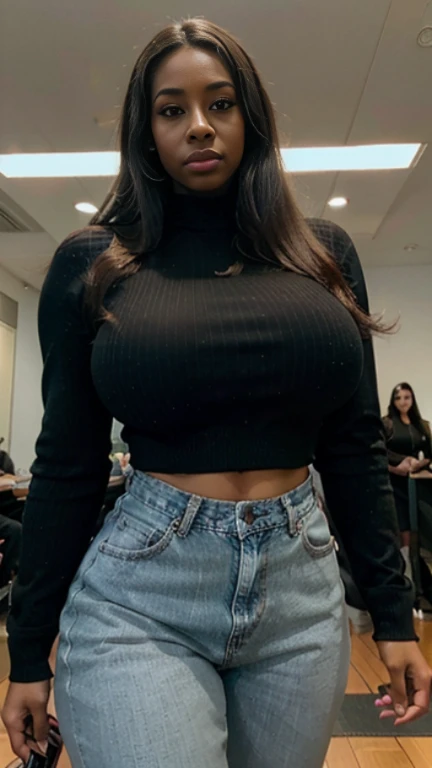 female, crowded mall, public area, nude, long blue colored hair, dominant expression, round eyes, European, black skin, african american