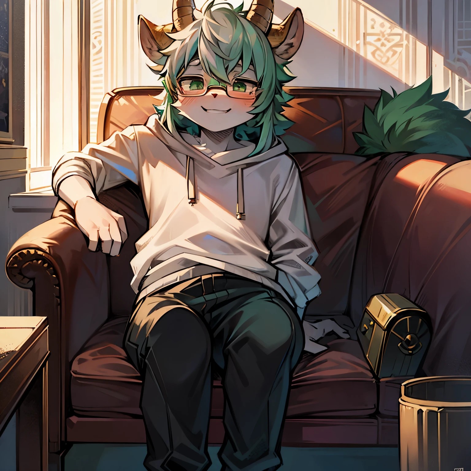 A male anthropomorphic goat, with an effeminate appearance, pelo branco, with a lock of green fur on his head, with circular glasses, smiling in a shy way, sitting on a sofa, vestindo uma camiseta com uma menina de anime desenhada nela