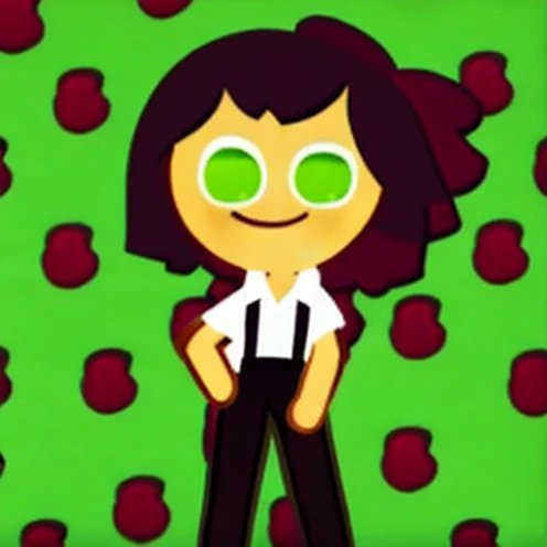 Panderverse Kiwi Cookie, Green and Black Hair, medium messy curly hair, short ponytail, Green Eyes, short sleeve shirt, black pants