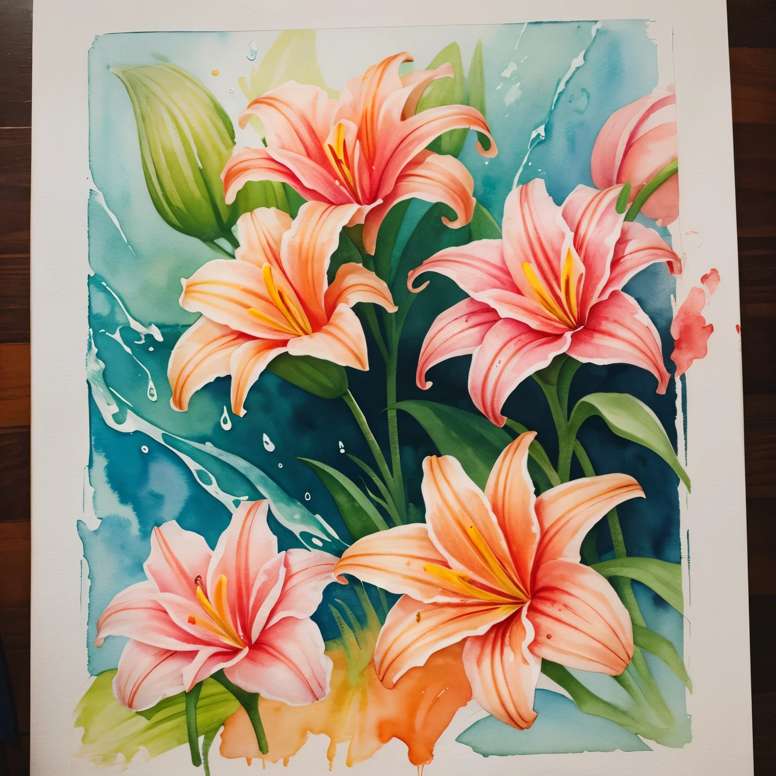 best quality, watercolor art, a painting of pink and orange lilies drawn by dripping water onto the paint and letting it bleed