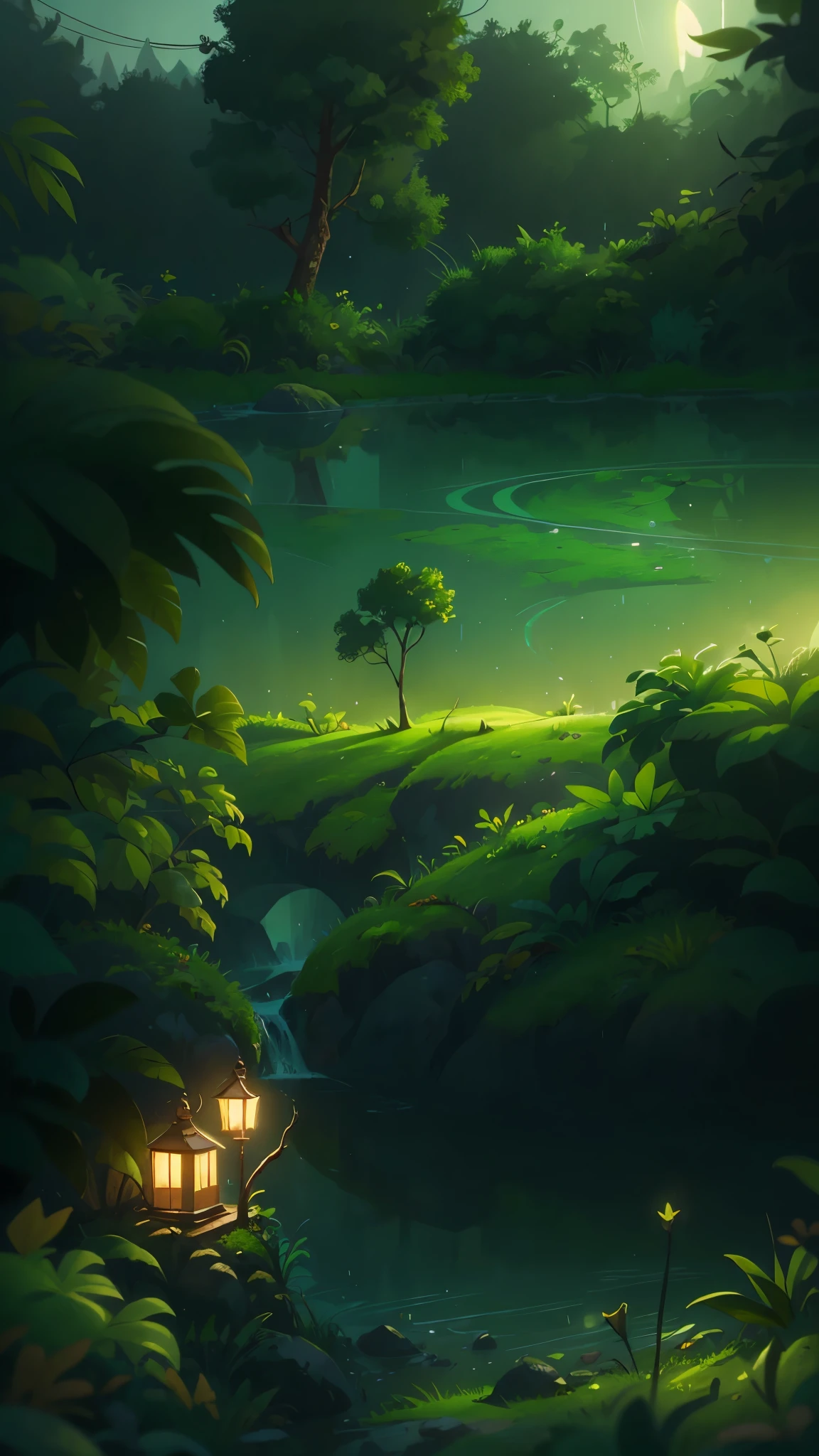 Evening rainforest,Pixar cinematic style, best quality, movie stills,