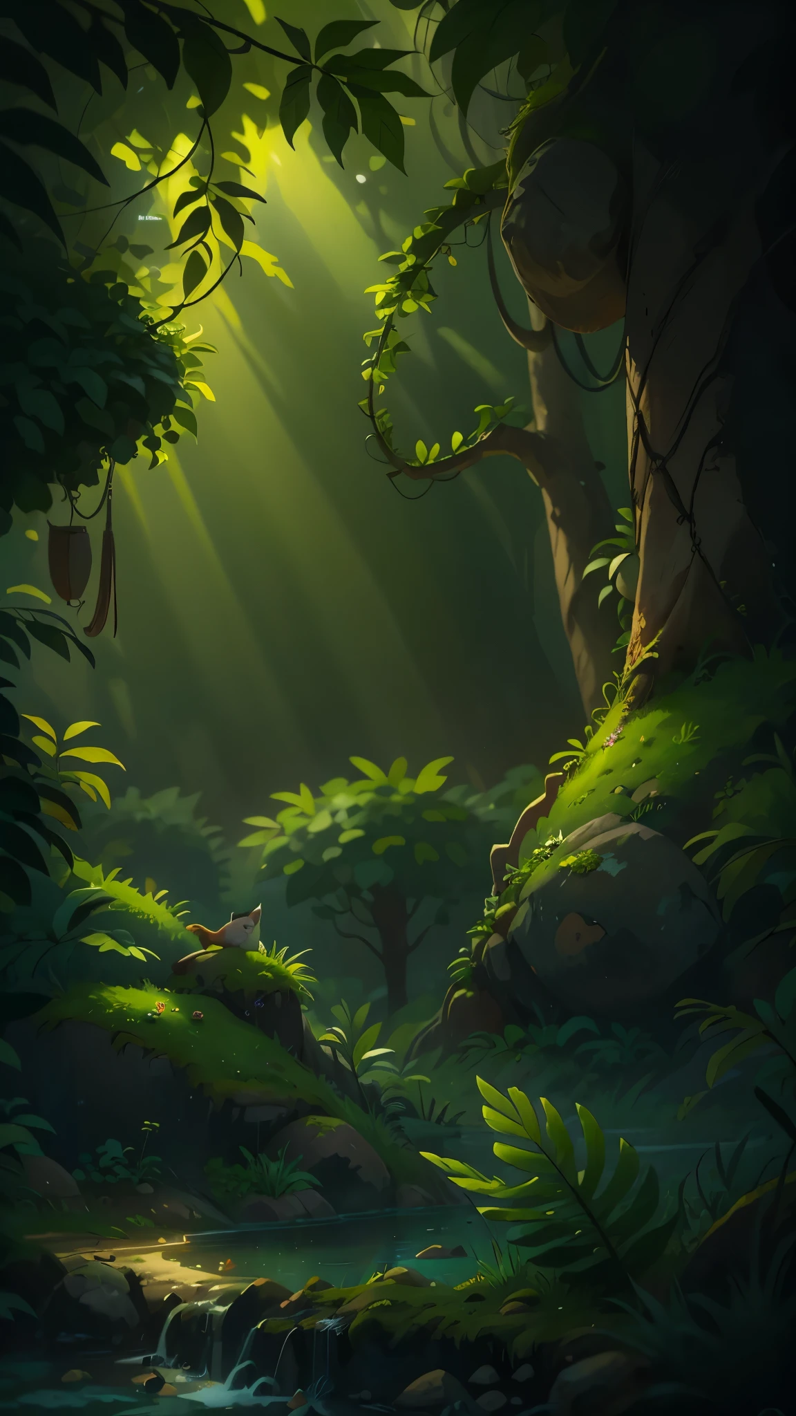 Evening rainforest,Pixar cinematic style, best quality, movie stills,