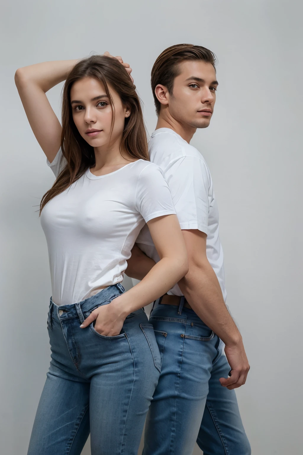 full-length couple wearing jeans and white shirts without any symbol or color, can't sensualize, not doing erotic poses, corpo inteiro, ele moreno e ela loira, fundo branco, imagem tipo foto ultrarrealista com alta qualidade.