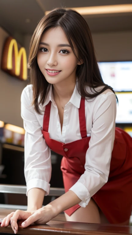 table top, highest quality, realistic, Super detailed, finely, High resolution, 8k wallpaper, 1 beautiful woman,, (whole body to toes:1.4)light brown messy hair, wearing a business suit, sharp focus, perfect dynamic composition, beautiful and detailed eyes, thin hair, Detailed realistic skin texture, (toothy smile)、 (、 model body shape、(mcdonalds'clerk of)、