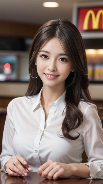 table top, highest quality, realistic, Super detailed, finely, High resolution, 8k wallpaper, 1 beautiful woman,, (whole body to toes:1.4)light brown messy hair, wearing a business suit, sharp focus, perfect dynamic composition, beautiful and detailed eyes, thin hair, Detailed realistic skin texture, (toothy smile)、 (、 model body shape、(mcdonalds'clerk of)、