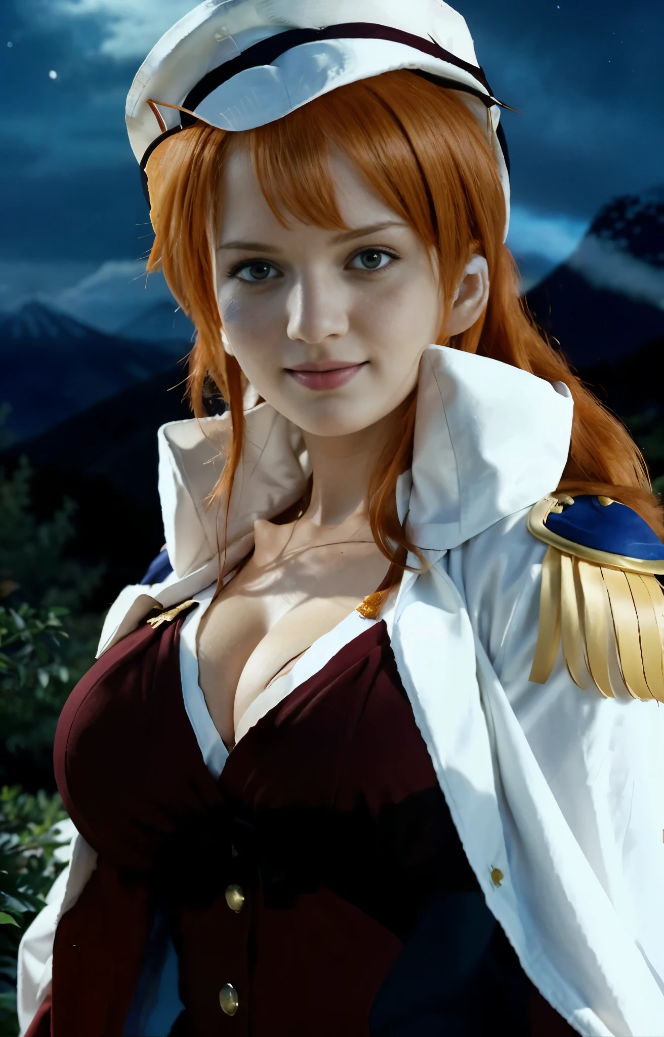 (masterpiece), (realistic), (ultra detailed), ( high reest quality), (photorealistic), (perfect face), (perfect anatomy), woman, female, solo, Swede, Swede, nami from one piece, nami, long haircut, orange hair, long haircut with side bangs, (((the character has big breasts))), wearing maroon clothes, wearing a white hat, wearing a marine robe from one piece, surrounded by characters there are mountains, lights and bushes, the weather is night