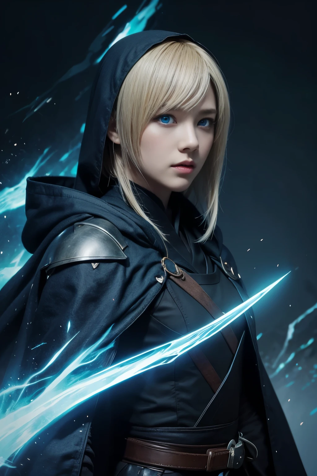 watercolor style, vibrant watercolor, use tetradic dark colors, samurai, focus on face, dark holographic glow, dim light, fantasy art, lots of thunder, (dark souls environment), the samurai is wearing a white cloak with hood, covered face, blonde bob hair, female, sharp focus, ((glowy blue burning eyes)) magical, concept art