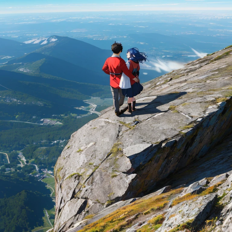 A couple having a heated argument on top of a mountain, the boyfriend is getting very angry 