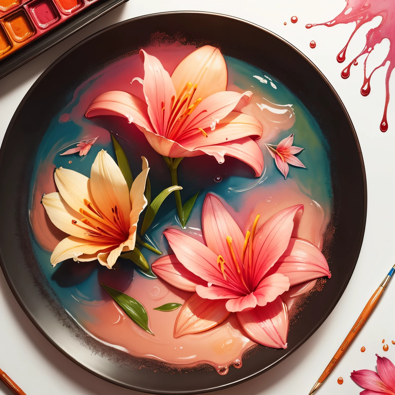 best quality, watercolor art, a painting of pink and orange lilies drawn by dripping water onto the paint and letting it bleed