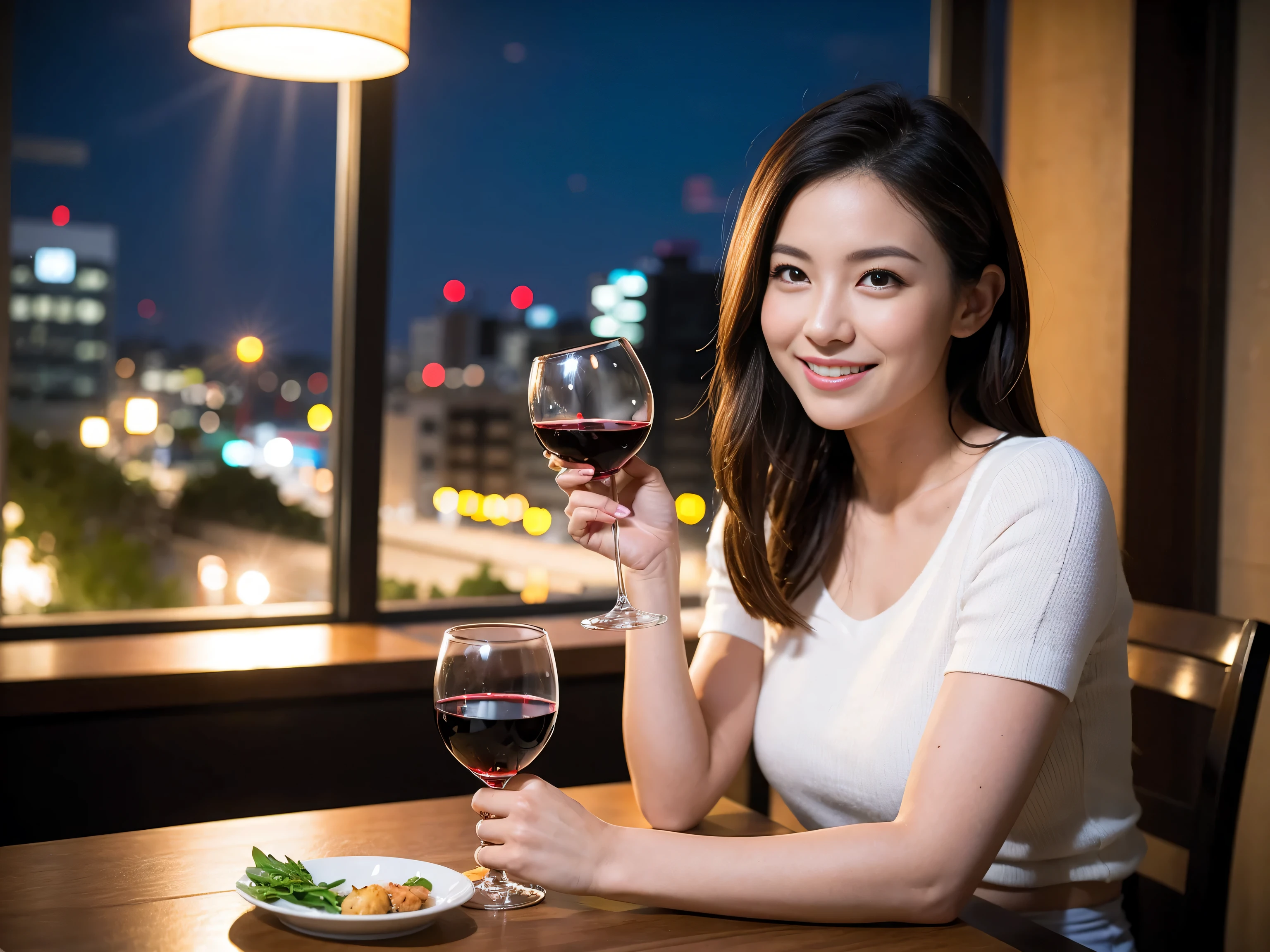 (including 64k, nffsw, highest quality, table top: 1.2), (realistic, realistic: 1.37), Super detailed, 1 beautiful woman, (slimフェイス), (because I&#39;thin), (brown hair), (shortcut), cheeks blush a little, (42 years old), 38 years old, alone, 窓の外には美しく緻密なnight景が広がります., restaurant, wine glassに座って, night, in a prominent place (from the Upper body) nova frog style, actress, model, Upper body, White wine, slim, wine glass, とてもきれいなnight景, 真ん中に置かれたwine glass, smile, (smile: 1.15), beautiful and detailed eyes, Upper body, bust japan up, night, short, short, actress, model, Upper body, White wine, slim, wine glass, とてもきれいなnight景, 真ん中に置かれたwine glass, smile,