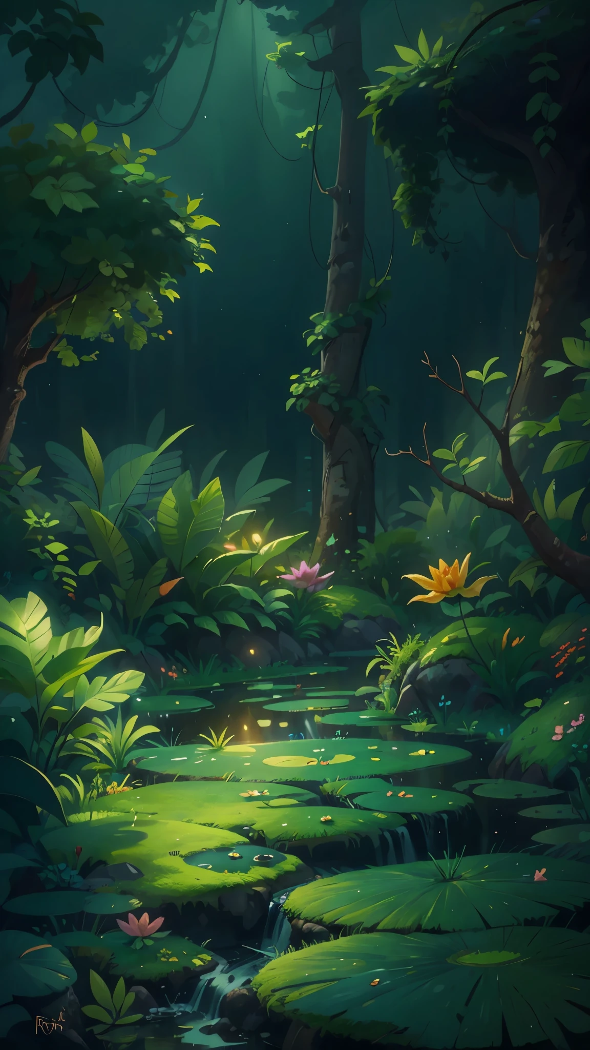 Evening rainforest,pond,flowers,Pixar cinematic style, best quality, movie stills,