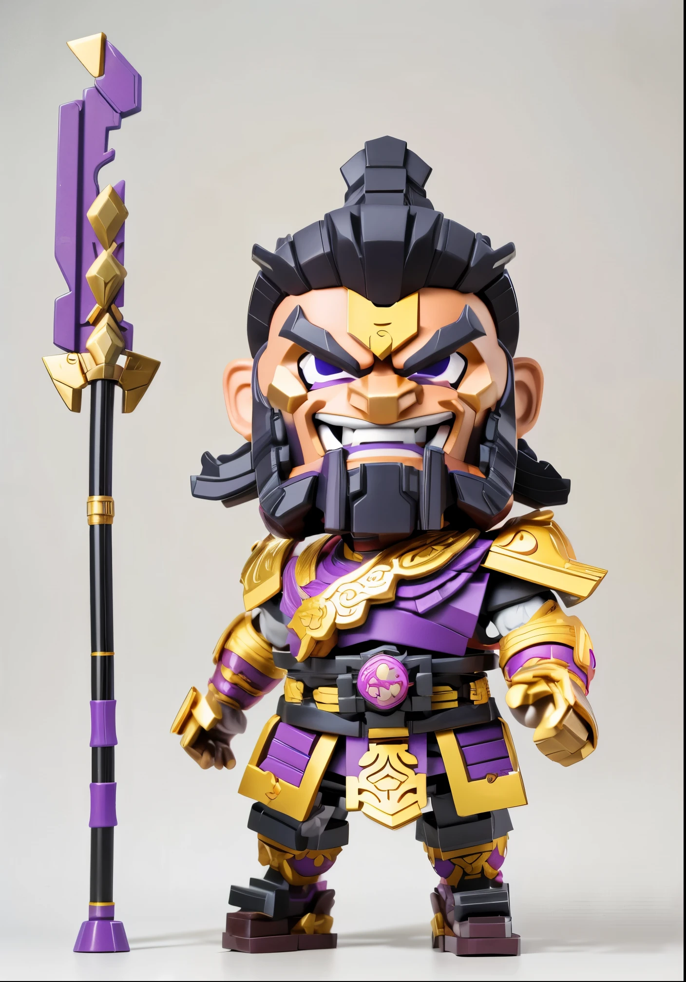 3d style,Brooke Infinite Heroeecha warrior building block toy man),Purple ancient mecha armor,Hand-held cold weapons,Eight snake spearlack thick beard,Thick eyebrows,open mouth laughing expression),whole body,fighting stance,Chinese ancient style,Mecha elements,《Romance of the Three Kingdoms》,Zhang Fei