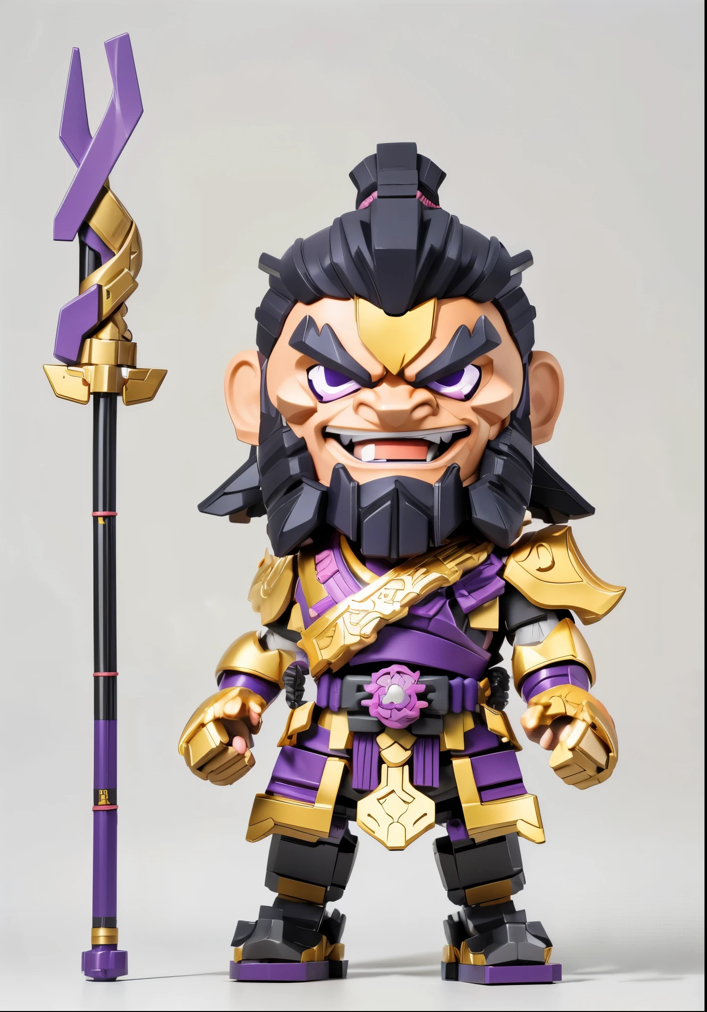 3d style，Brooke Infinite Heroeecha warrior building block toy man，Puppet joints），Purple ancient mecha armor，Hand-held cold weapons，Eight snake spearlack thick beard，Thick eyebrows，open mouth laughing expression），whole body，fighting stance，Chinese ancient style，Mecha elements，《Romance of the Three Kingdoms》，Zhang Fei