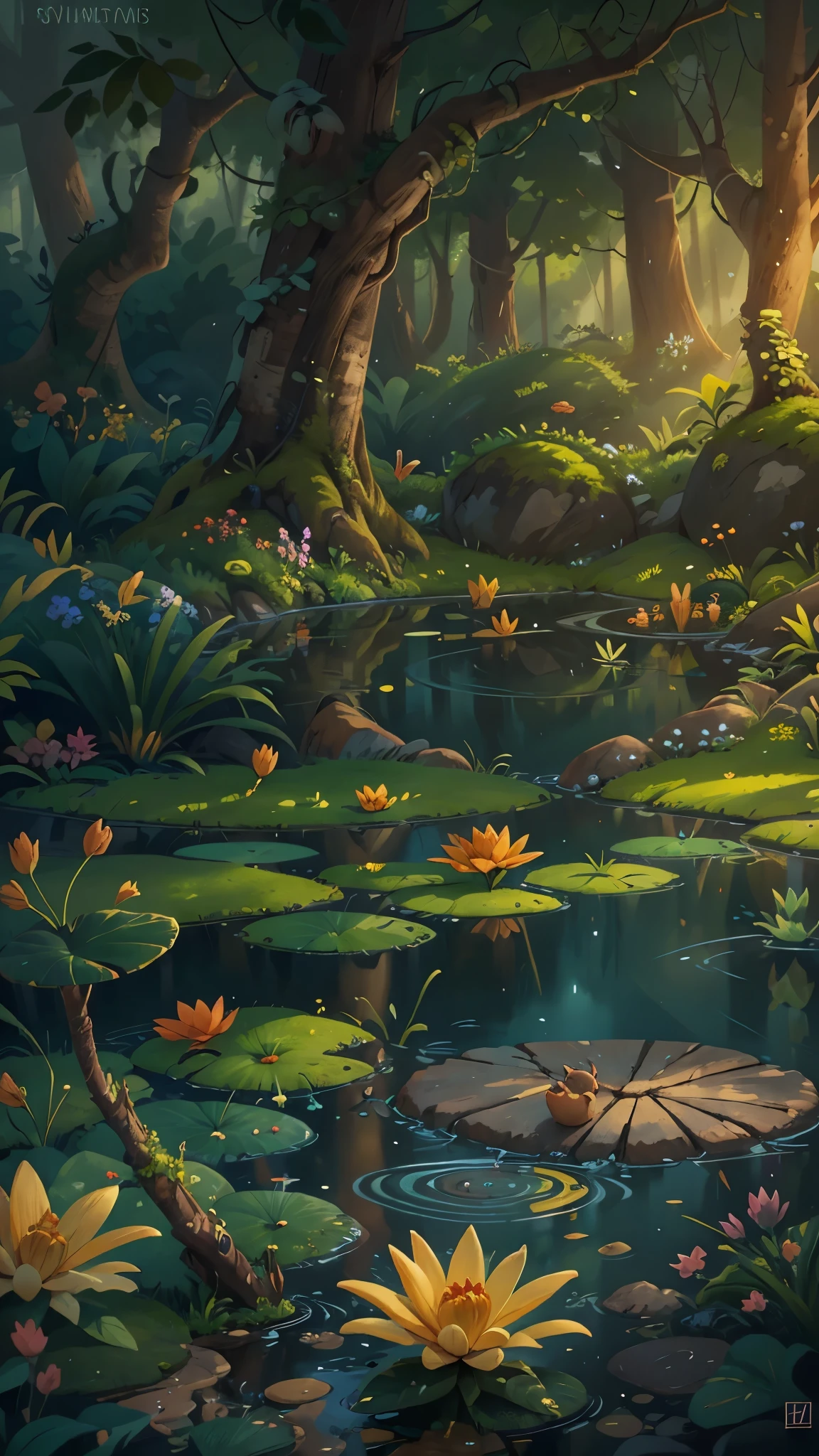 Evening rainforest,pond,flowers,Pixar cinematic style, best quality, movie stills,