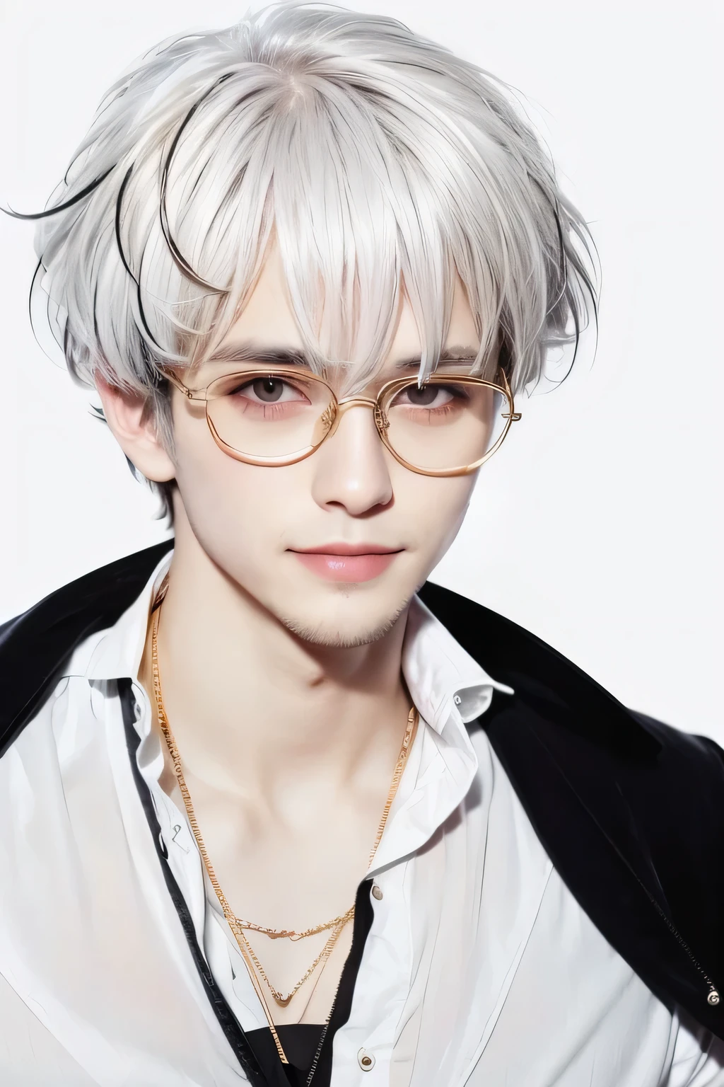 gold color glasses, black shirt, a handsome man，white color hair, red color eyes, circle glasses, smile with teeth
