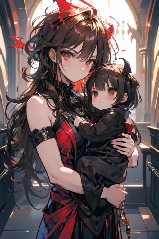 a brown haired female vampire with red eyes is holding a brown haired baby boy with red eyes
