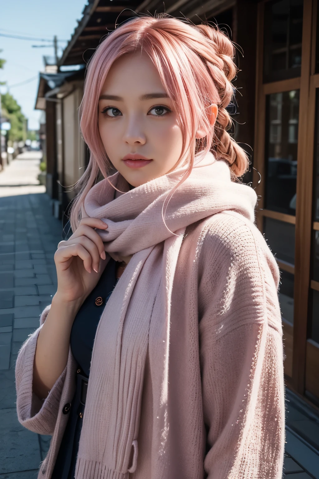 Kyoto Animation stylized anime ~ woman with braided pink hair, Pink eyes, wearing a blue scarf, and adventurer clothing.